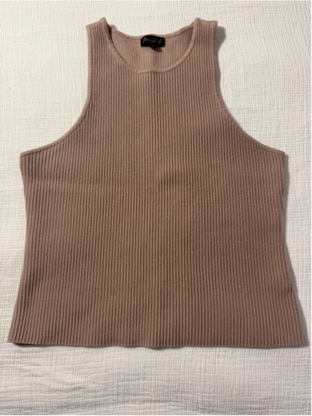 Marled Taupe Ribbed High Neck Sleeveless Knit Tank Top Large
